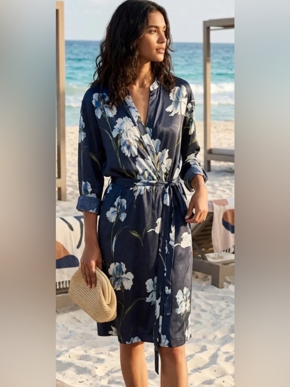 Vince. Navy Blue Floral Wrap Dress With Pockets Women’s Size L
